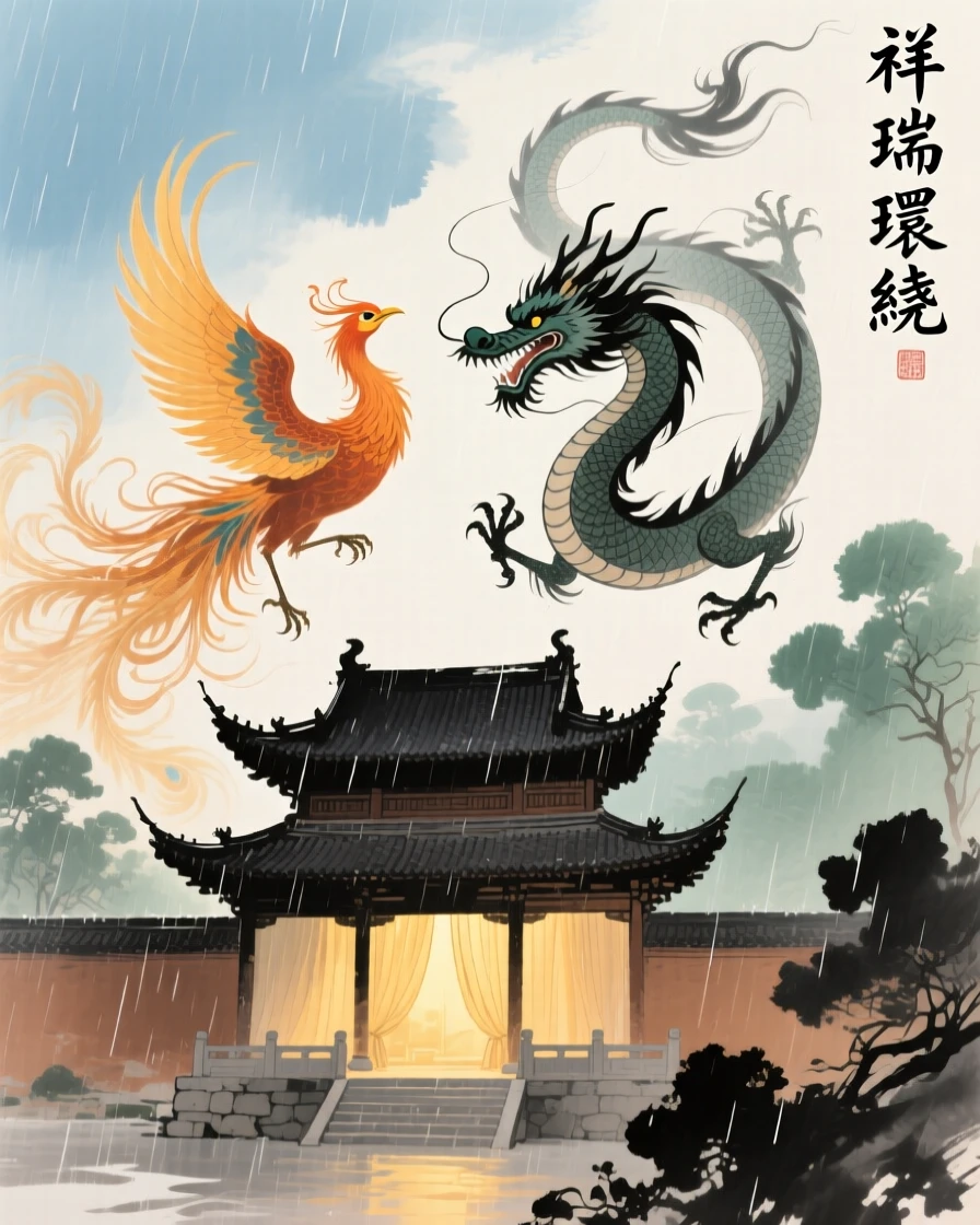 A phoenix and dragon circling above a temple bathed in golden light, through a curtain of fine rain, suffused with quiet joy.