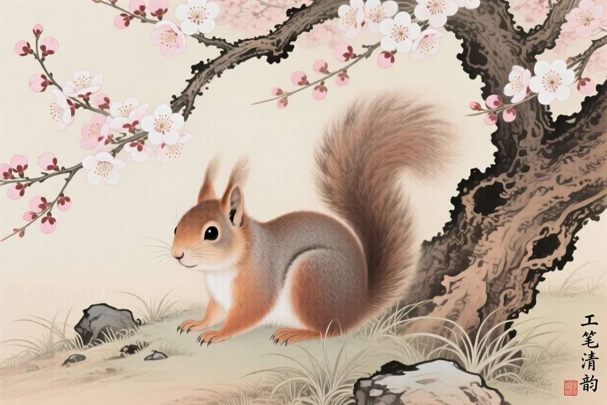 A squirrel resting beneath a blooming plum tree