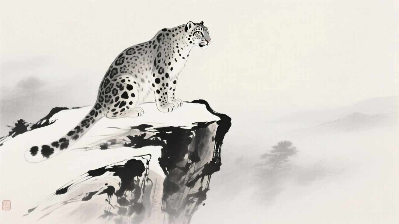 A snow leopard perched silently on a high rocky ledge, viewed through a gentle veil of morning mist, conveying quiet strength and natural grace.