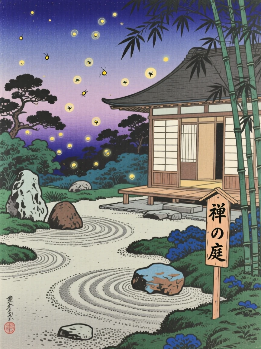 A raked zen rock garden, glowing softly with fireflies at dusk.