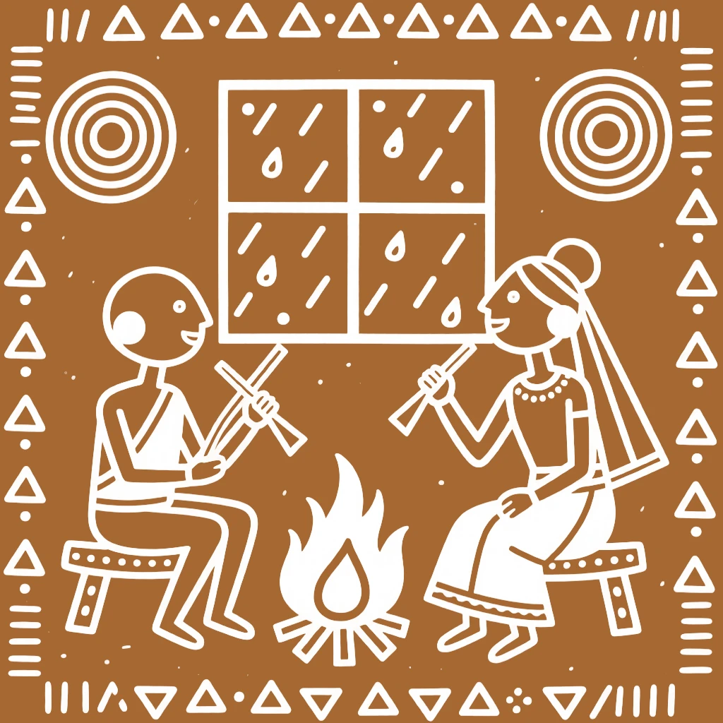 A newly married couple singing together around a fire by a window during the monsoon.