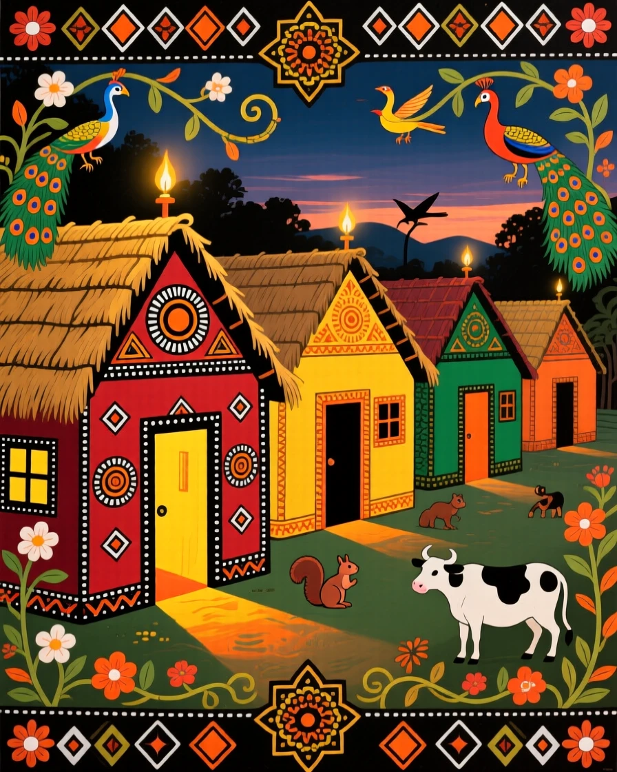 A row of thatched village huts lit softly by evening lamplight.