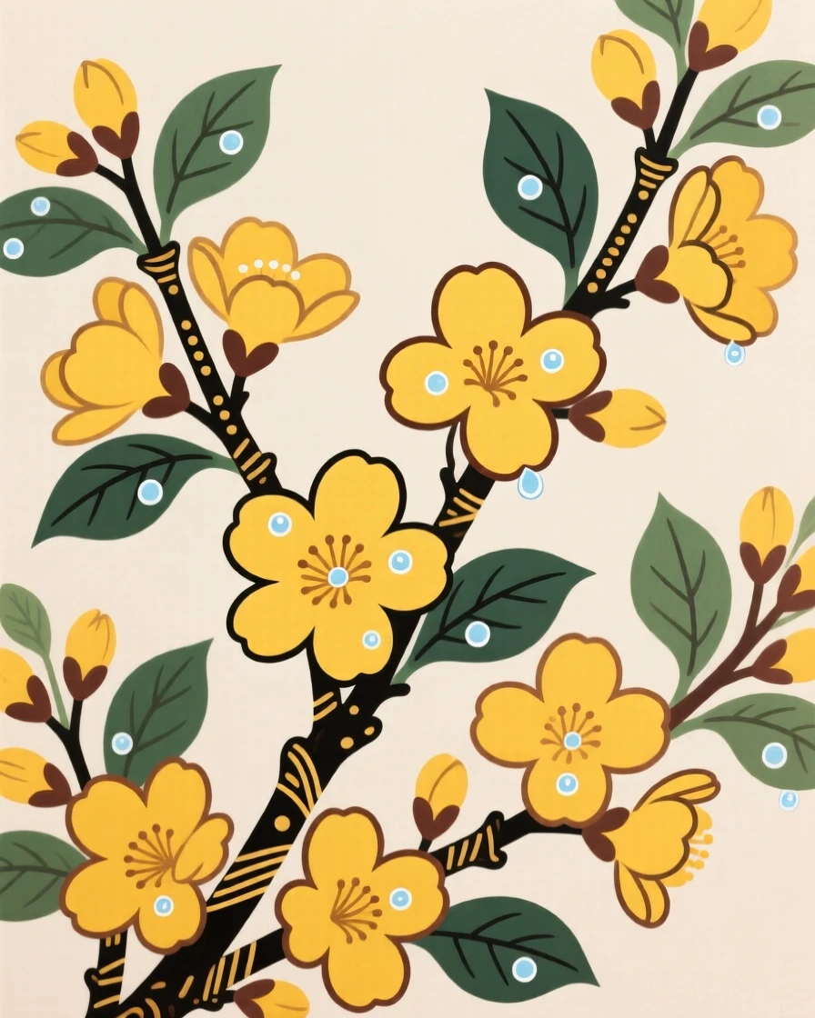 A close view of forsythia branches in golden bloom with dew still clinging to the petals.