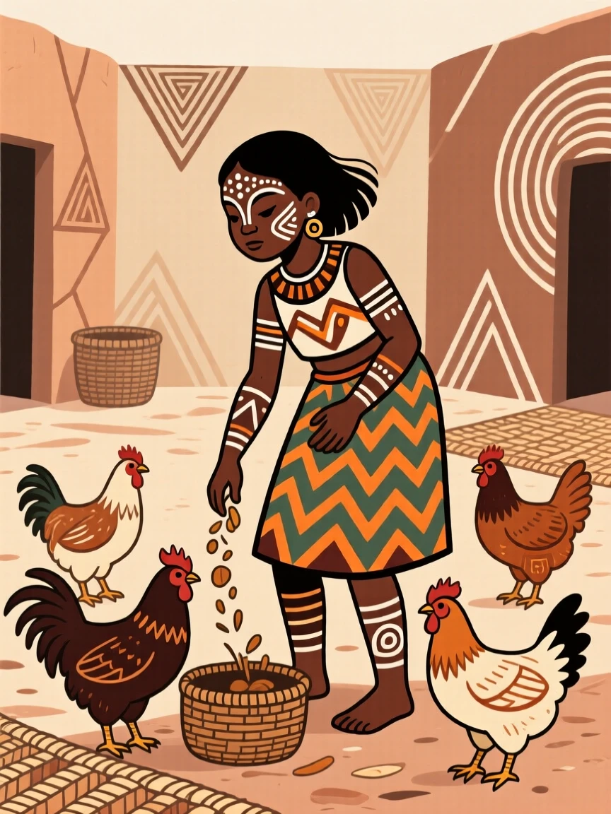A young girl feeding chickens in a courtyard.