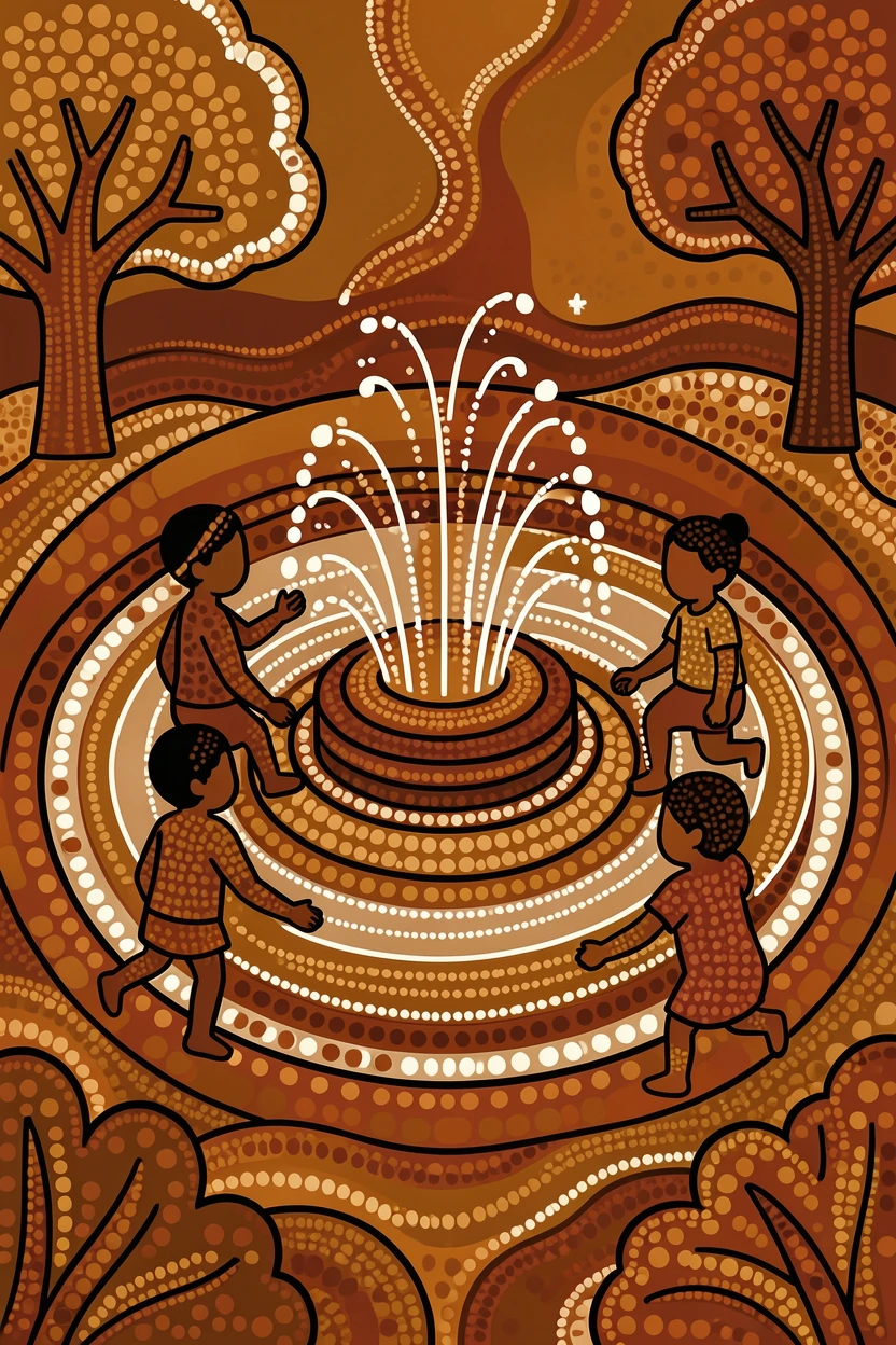 Children splashing in a village fountain