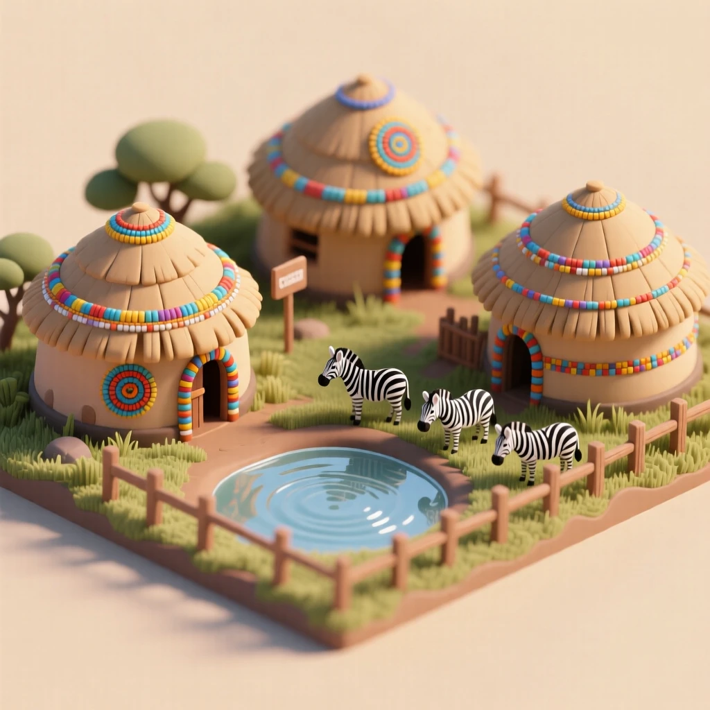 A miniature Kenyan savanna village with beaded decorations on huts, a watering hole nearby, and zebras grazing just beyond the fence line.