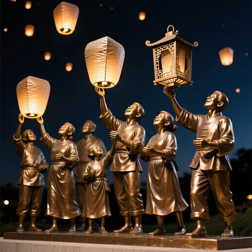 Villagers releasing floating lanterns into the night sky, radiating heartfelt emotion and connection, celebrating shared human joy