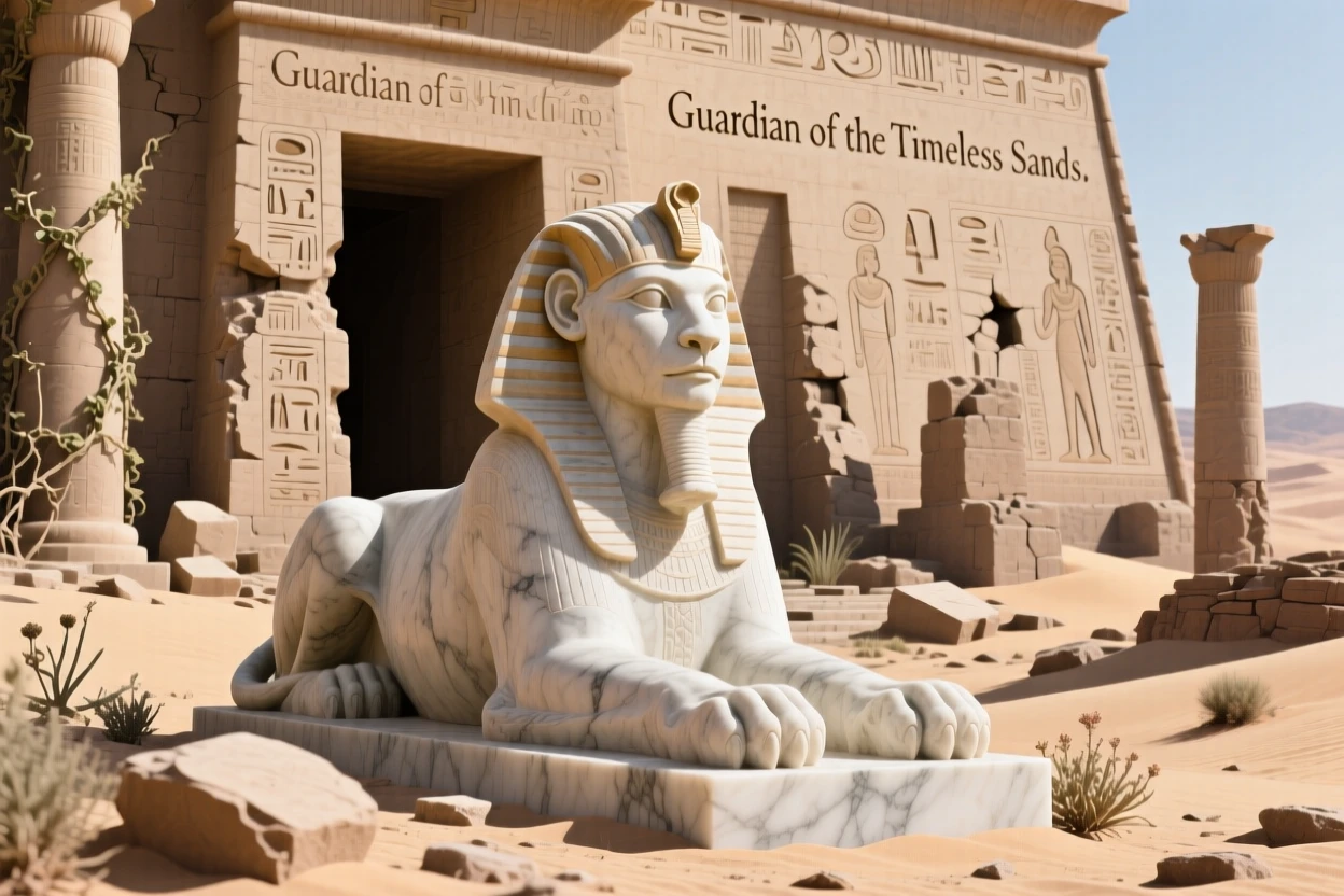 A sphinx guarding a desert temple, amid ancient ruins reclaimed by nature, radiating power and legend