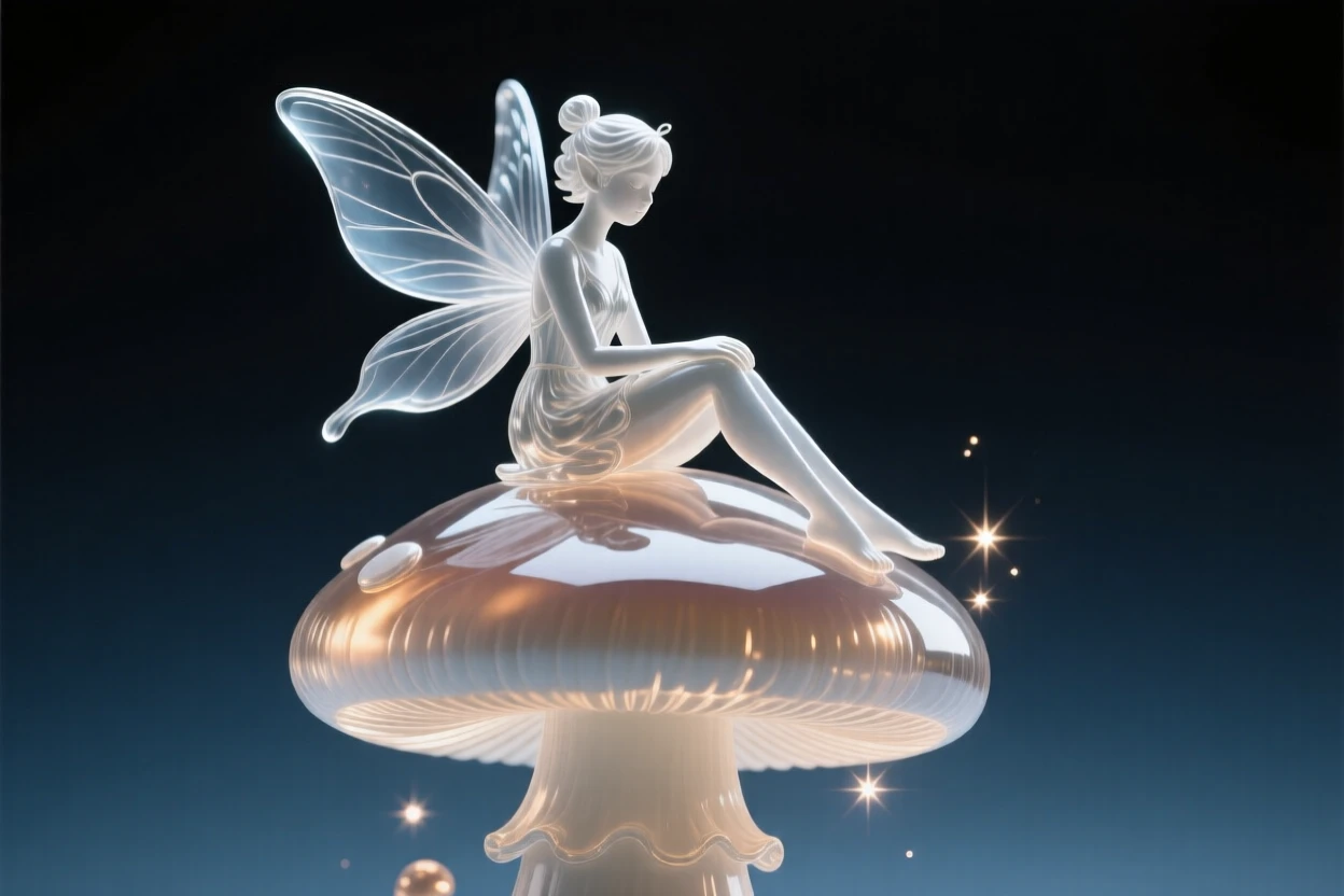 A fairy resting on a giant mushroom, bathed in soft magical light with drifting sparkles in the air, epic and awe-inspiring composition, evoking wonder and adventure.