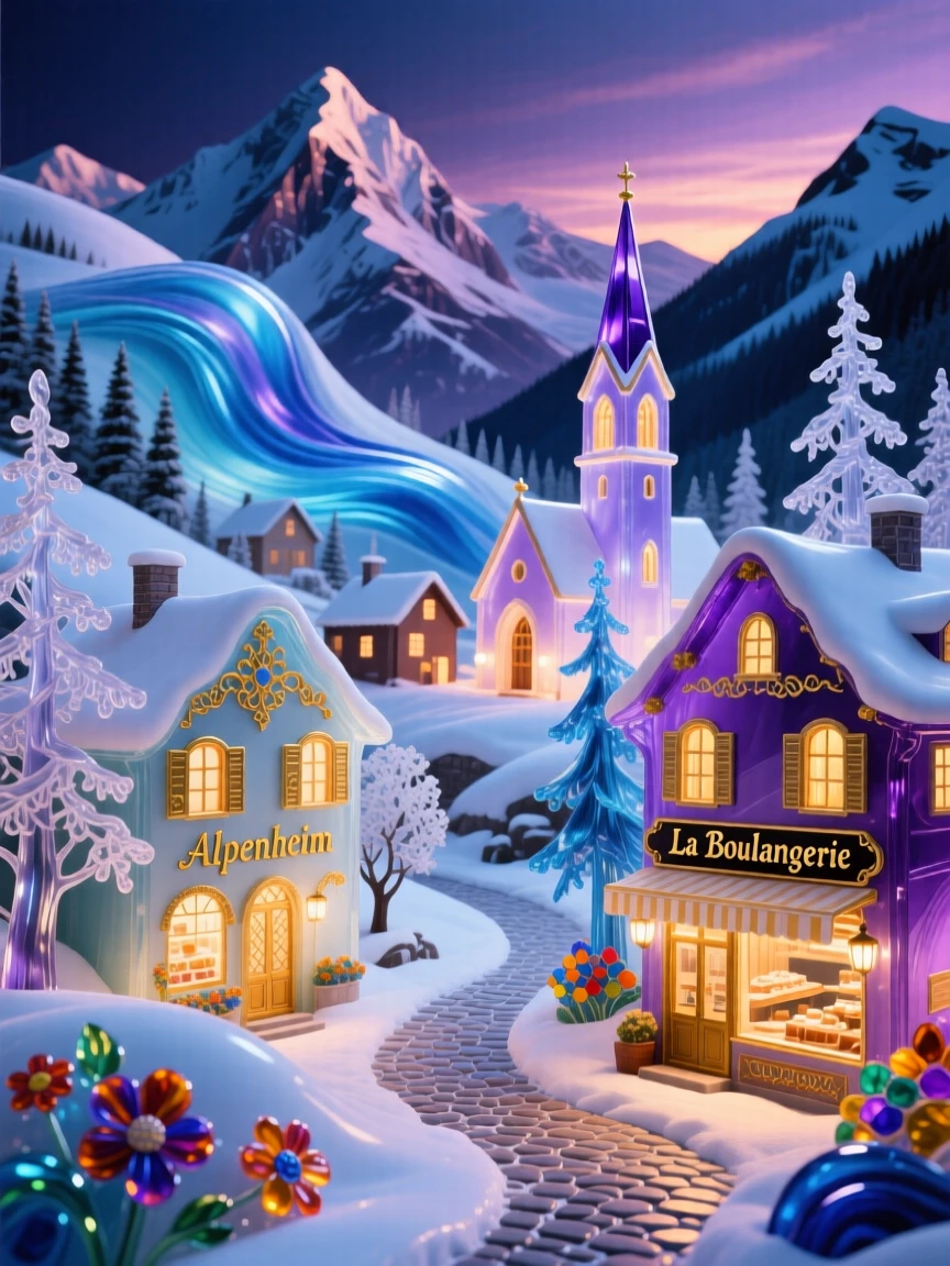 A snow-dusted alpine village nestled beneath towering peaks at dusk, cozy and picturesque.