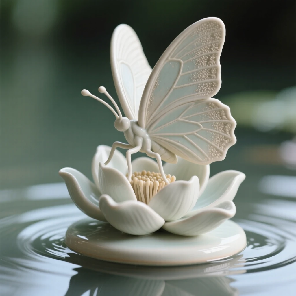 A butterfly resting on an open flower caught gliding low over calm water, its wings dusted with delicate, intricate patterns, evoking lightness, freedom, and grace.