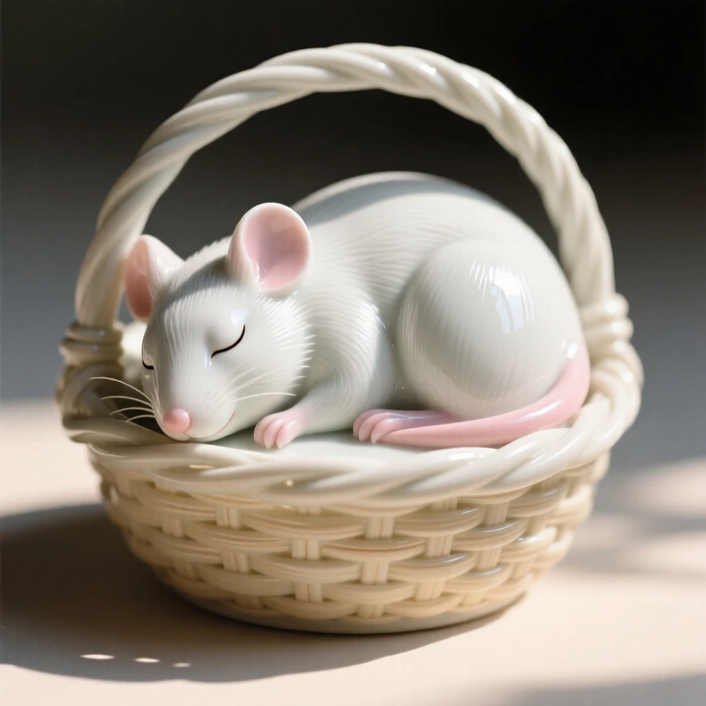 A tiny mouse curled up asleep in a woven basket, bathed in warm dappled sunlight.