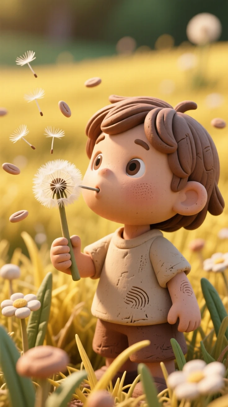 A child blowing dandelion seeds into a golden meadow breeze