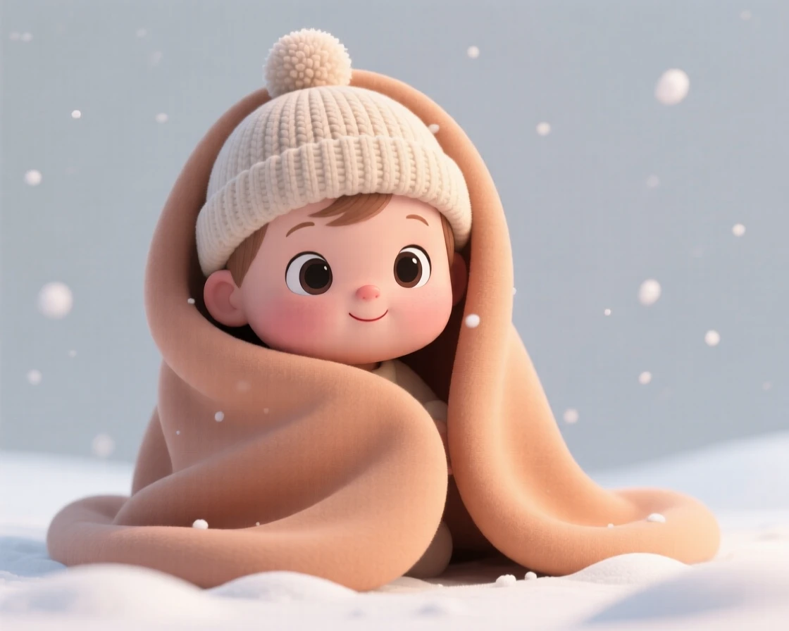 A baby girl in a knitted hat peeks curiously from beneath a warm blanket during her very first snowfall.