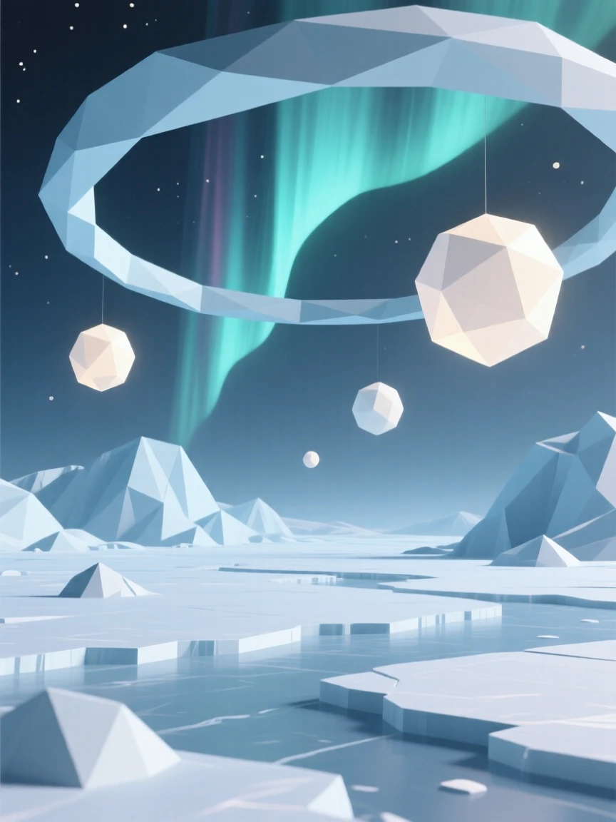 A vast ice planet with auroras dancing overhead, beneath a canopy of dreamlike floating light. rich color gradients enhance the dreamlike atmosphere. The scene radiates a calm, meditative stillness.