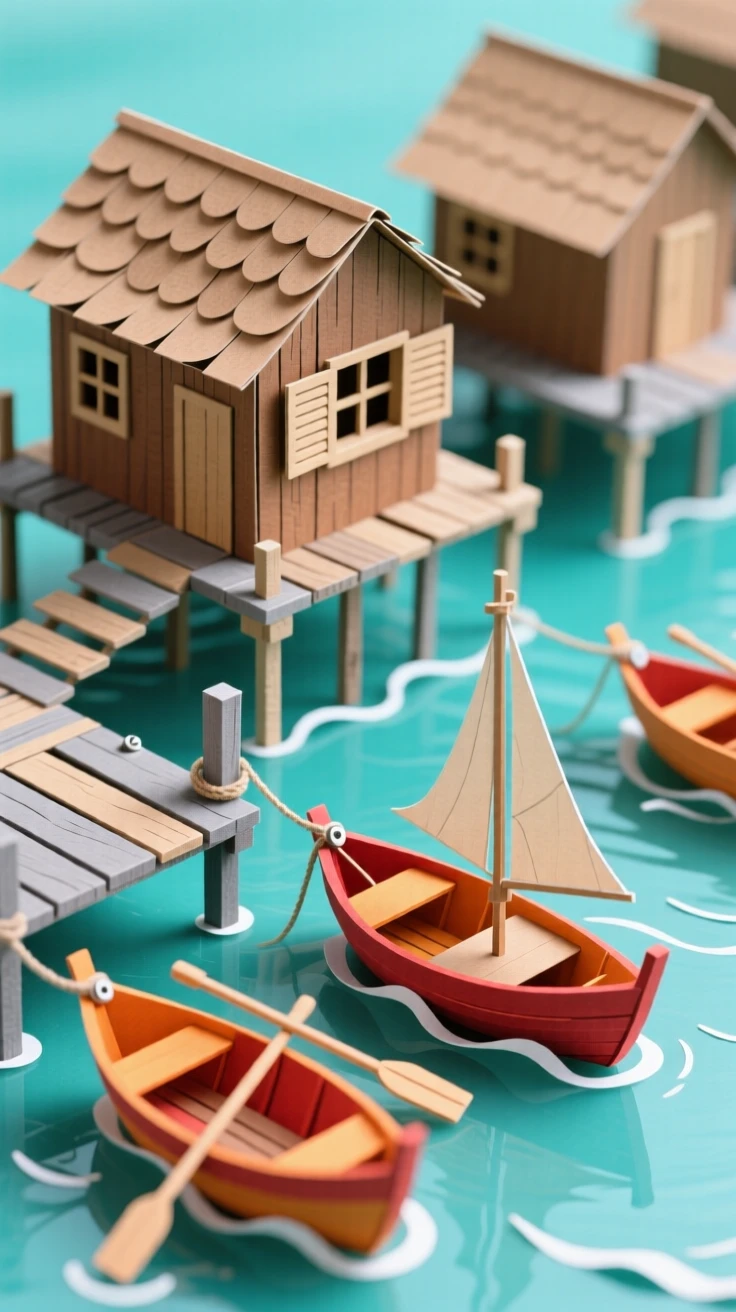 A traditional wooden fishing village built on stilts over calm turquoise water, small boats tied to weathered docks, evoking tropical serenity.