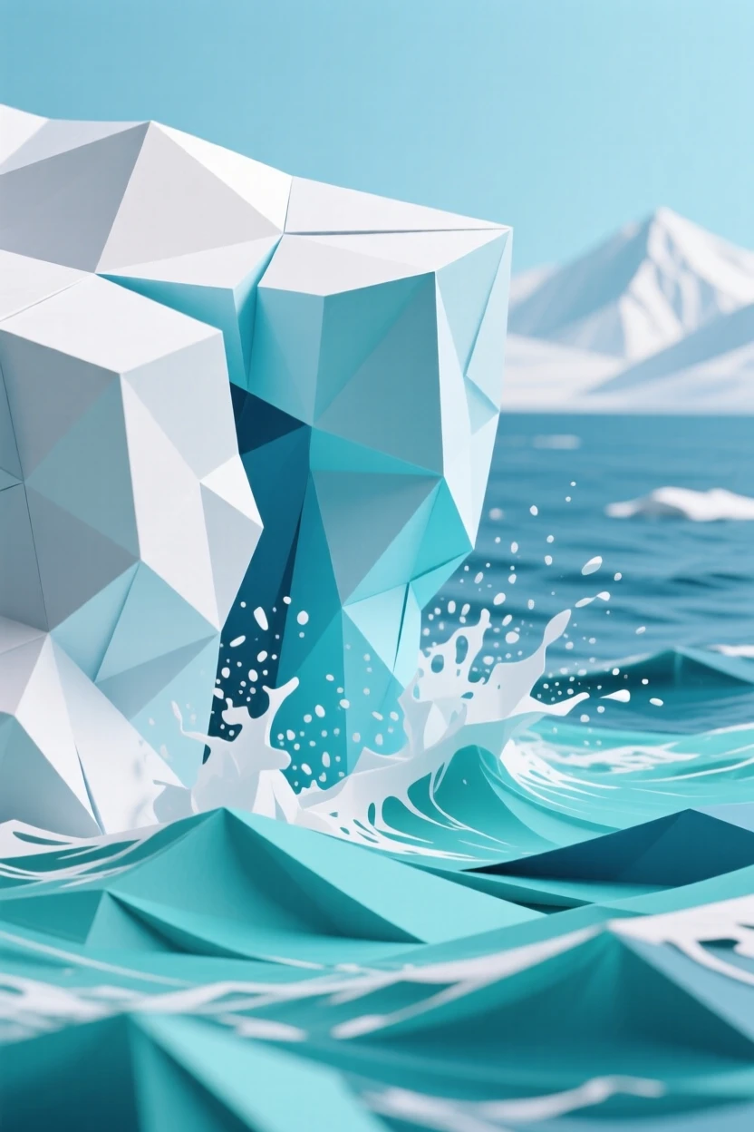 A glacier calving into the sea, a huge chunk of ice crashing into turquoise water.