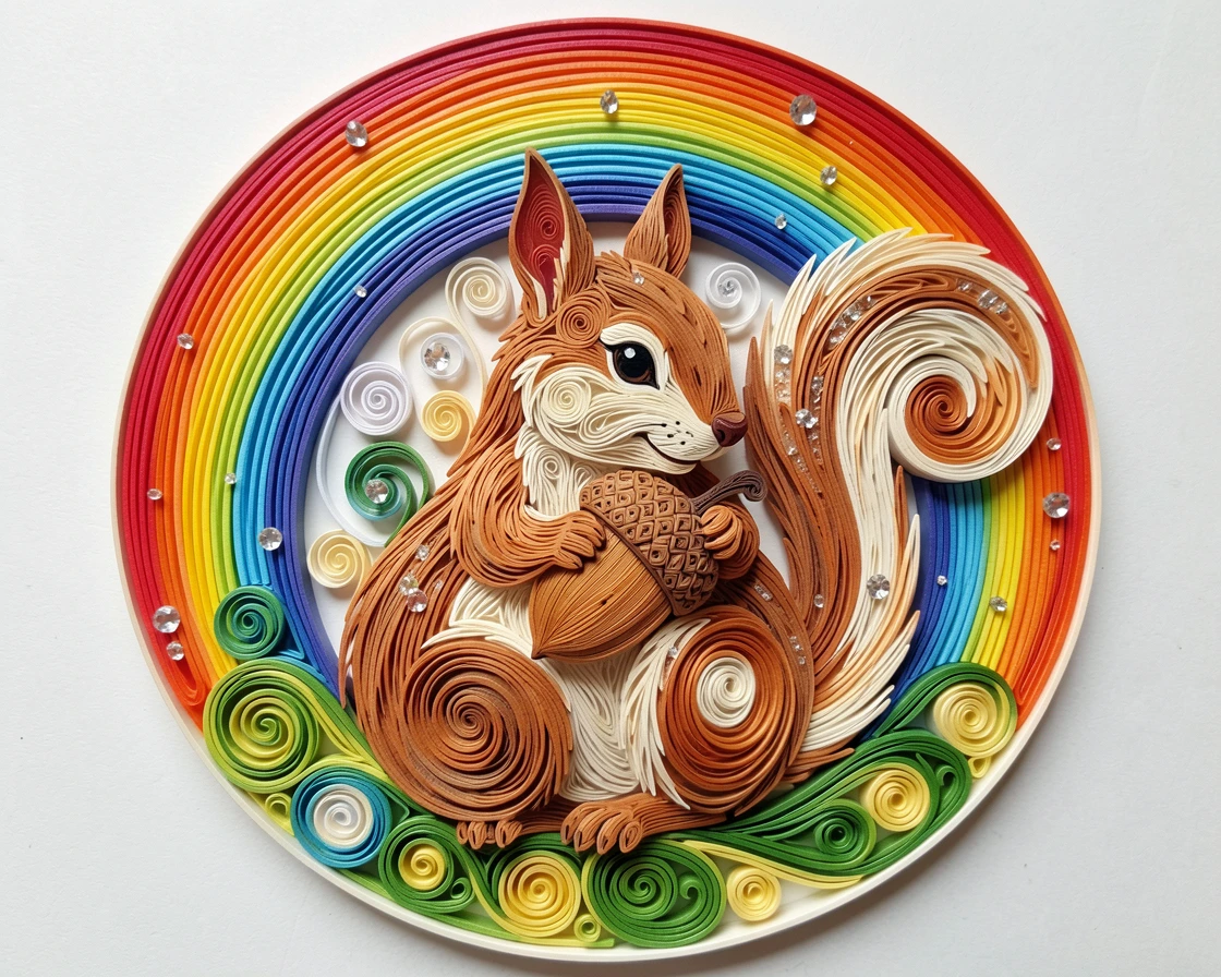a squirrel hugging an acorn to its chest, under a rainbow after a gentle spring shower, framed in a close-up circular vignette, with tiny sparkling highlights catching the light.