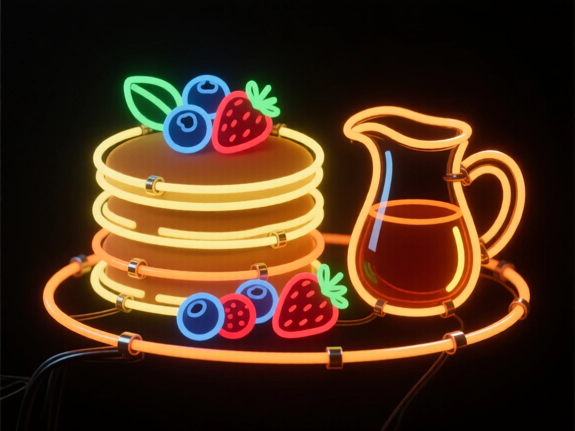 A stack of pancakes beside a small pitcher of syrup and fresh berries.