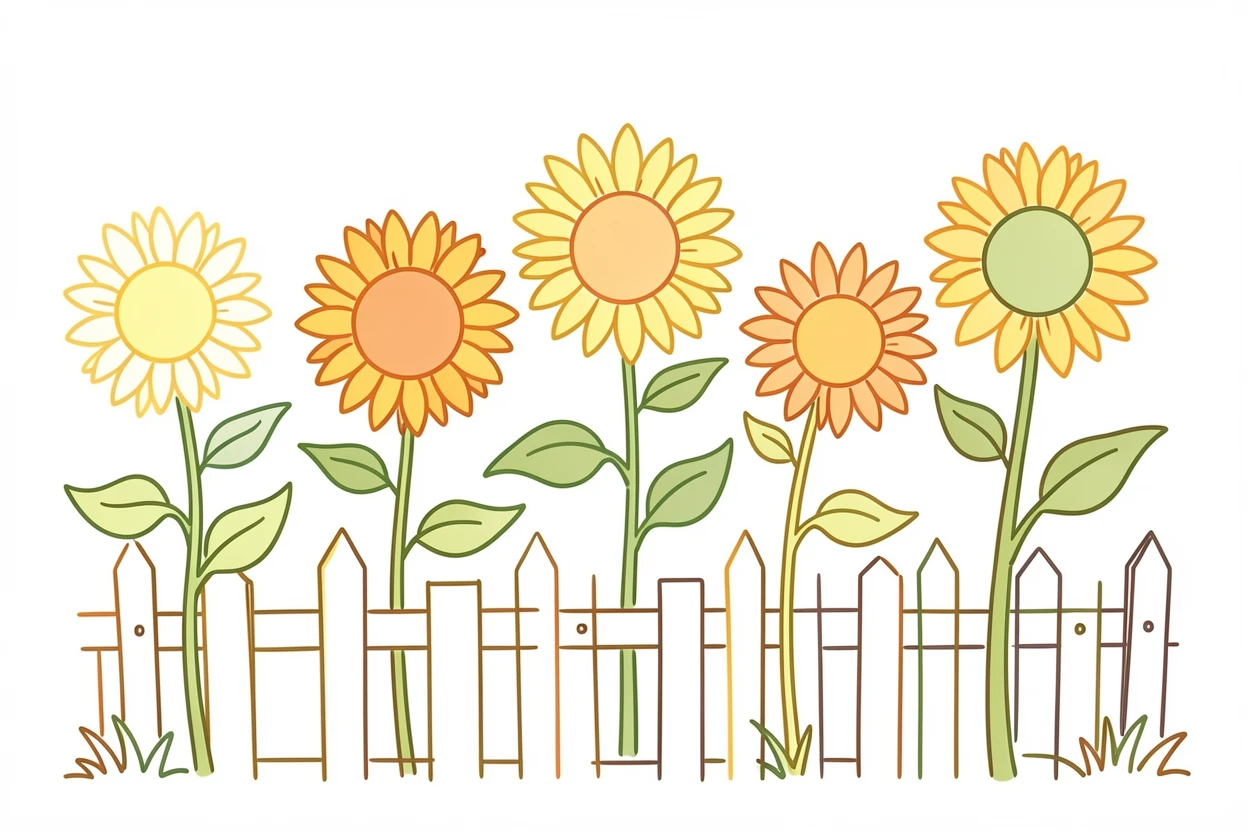 A row of sunflowers taller than a garden fence, facing the morning light.