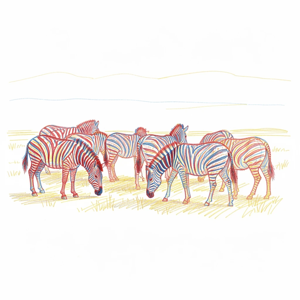 A herd of zebras grazing together on the open savanna at golden hour