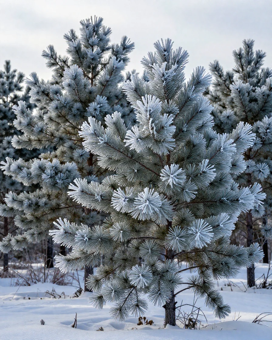 Frost-covered pine trees in a silent winter forest