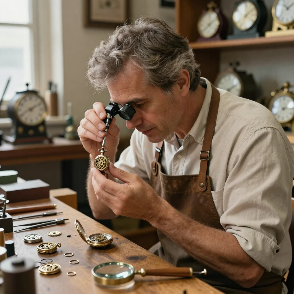 A watchmaker examines the tiny gears of an antique pocket watch through a loupe.