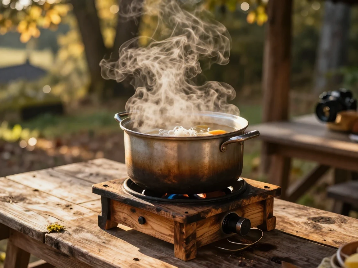 A steaming pot of homemade soup on a wooden stove, ready to be shared, on a rustic outdoor table