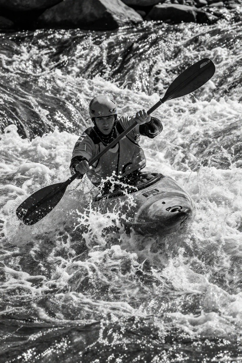 A kayaker navigates rapids in a whitewater river down a churning whitewater river.