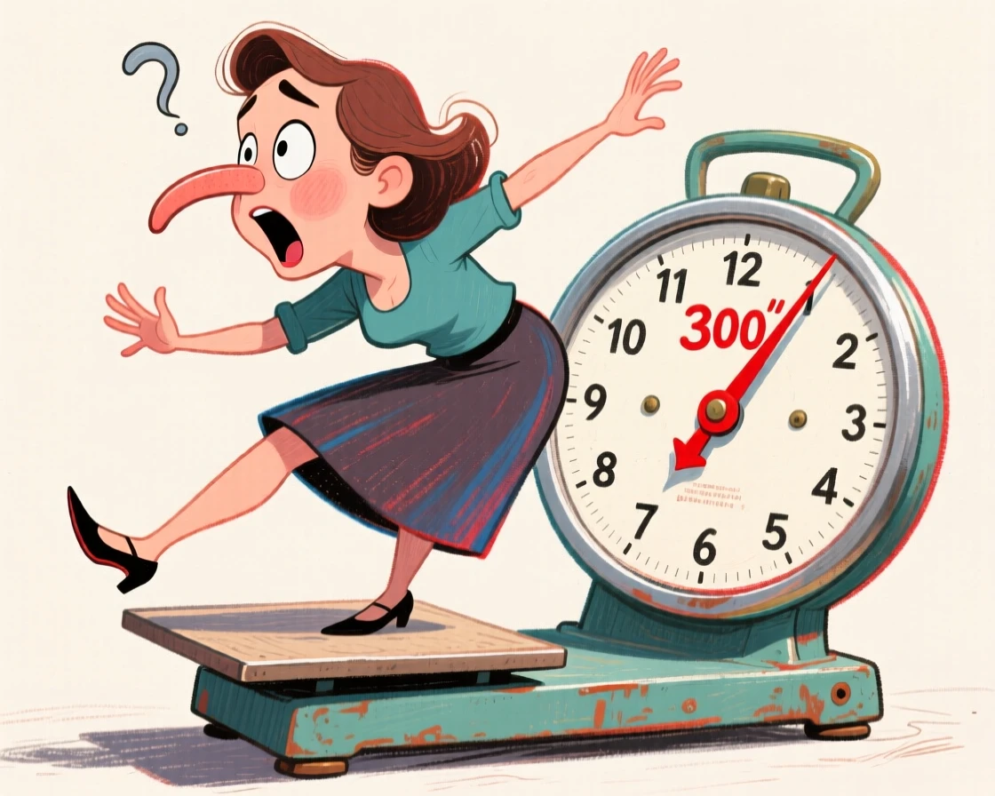 A woman balancing precariously on a scale, one eyebrow raised in disbelief at the number.