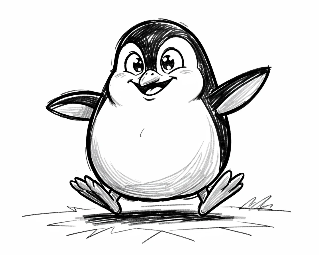 [Cute Animals & Pets] Adorable scene of a chubby penguin waddling excitedly across the ice, bursting with charm and playful energy