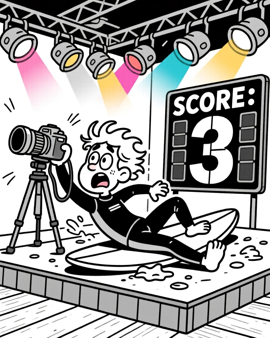 A surfer wiping out spectacularly, lying flat on the ground to get the perfect angle, set on a small stage under colorful lights. A scoreboard nearby shows an embarrassingly low number. The image is a playful ode to hobbies people truly love.