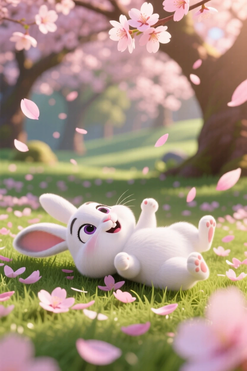 A snow-white bunny is playing among fallen cherry blossom petals, rolling gently onto its back. Innocent curiosity shines through the moment, with a faint smile-like expression.
