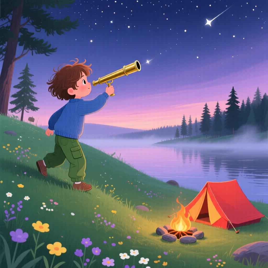 A young stargazer with a telescope pauses while climbing to the top of a grassy hill for the view in a quiet lakeside campsite, while a gentle mist rises from the water.