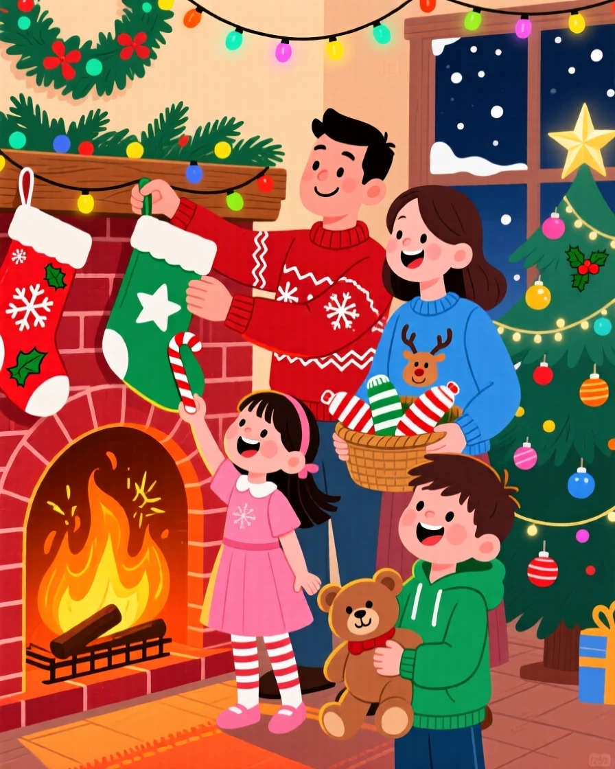 A family hanging stockings above a crackling fireplace.