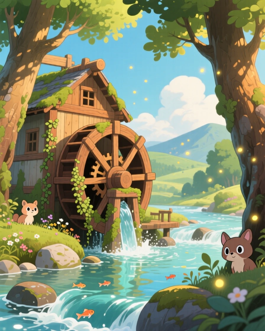 A charming view of a wooden watermill turning beside a rushing stream, framed by tall trees and drifting clouds.