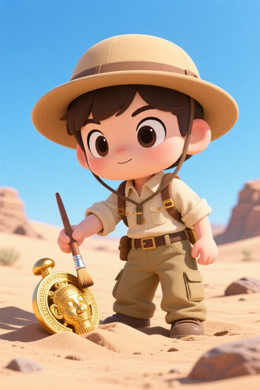 In a sun-baked desert dig site, a brave archaeologist is brushing sand off an ancient golden artifact under a clear summer sky, bathed in bright midday sun, expression full of proud determination. Shot as a close-up portrait.