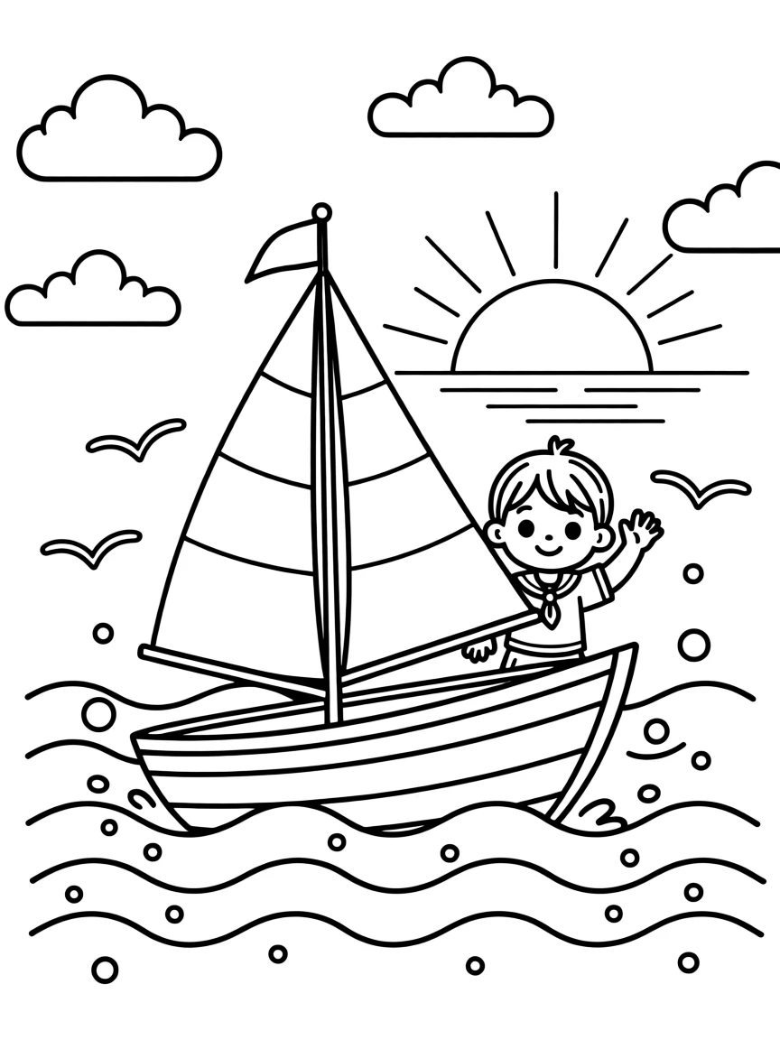 A sailboat gliding across calm ocean waves at sunset