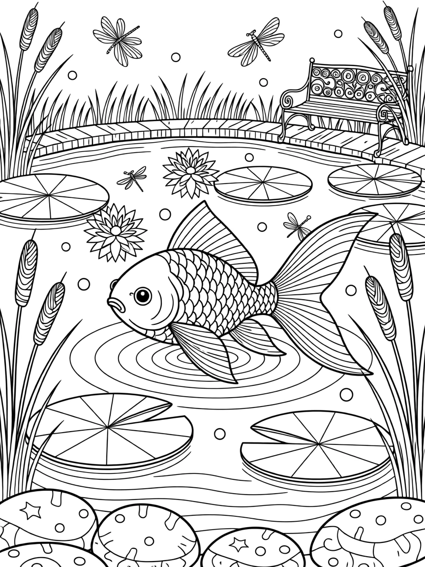 A goldfish swimming among lily pads in a garden pond.