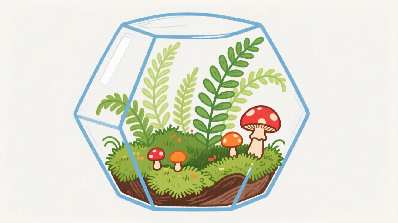 A terrarium with moss, ferns, and tiny mushrooms.