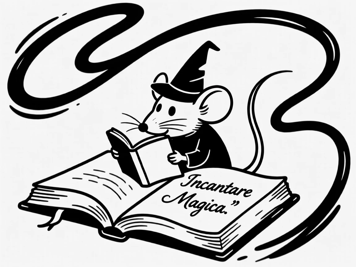 A tiny wizard mouse character reading a spellbook bigger than itself.
