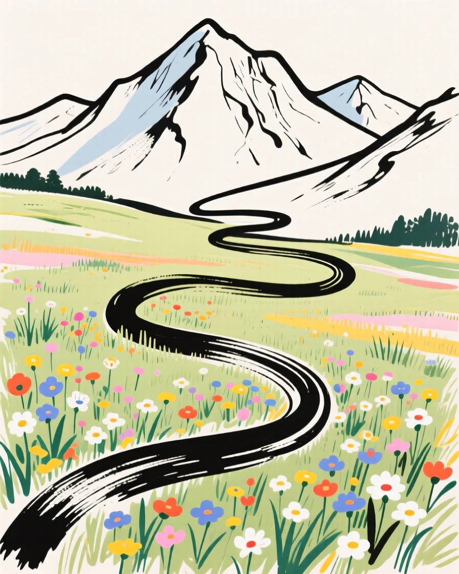 A wildflower meadow at the base of a towering mountain range.