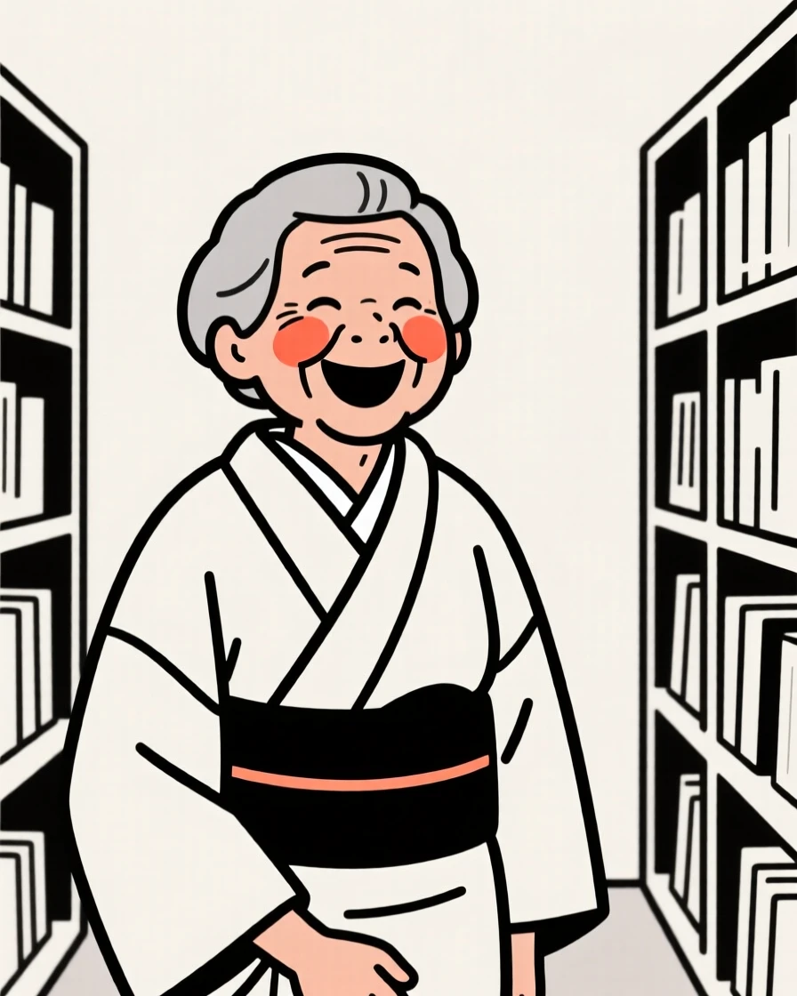 A retired teacher of Thai heritage wearing a traditional kimono, laughing joyfully, in a quiet library.