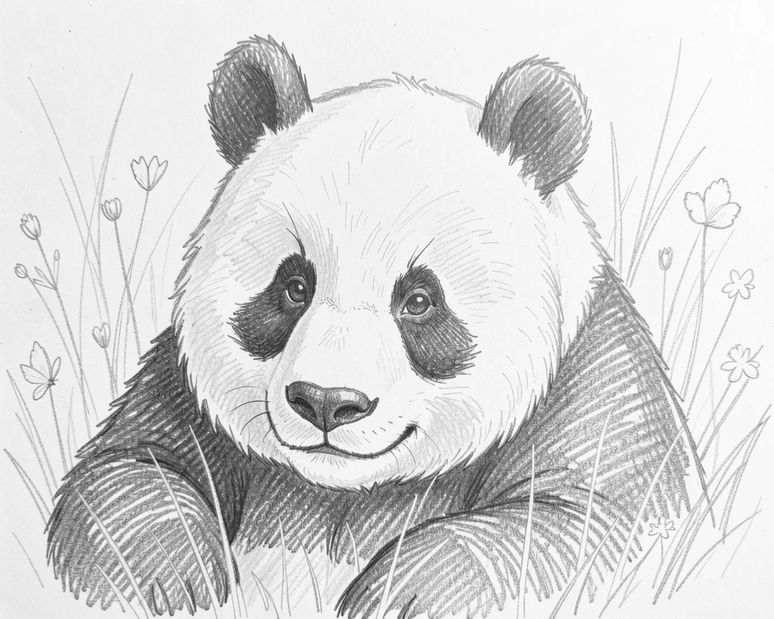 An adorable close-up of a gentle giant panda playing in a sunlit meadow, with a butterfly resting on its nose.