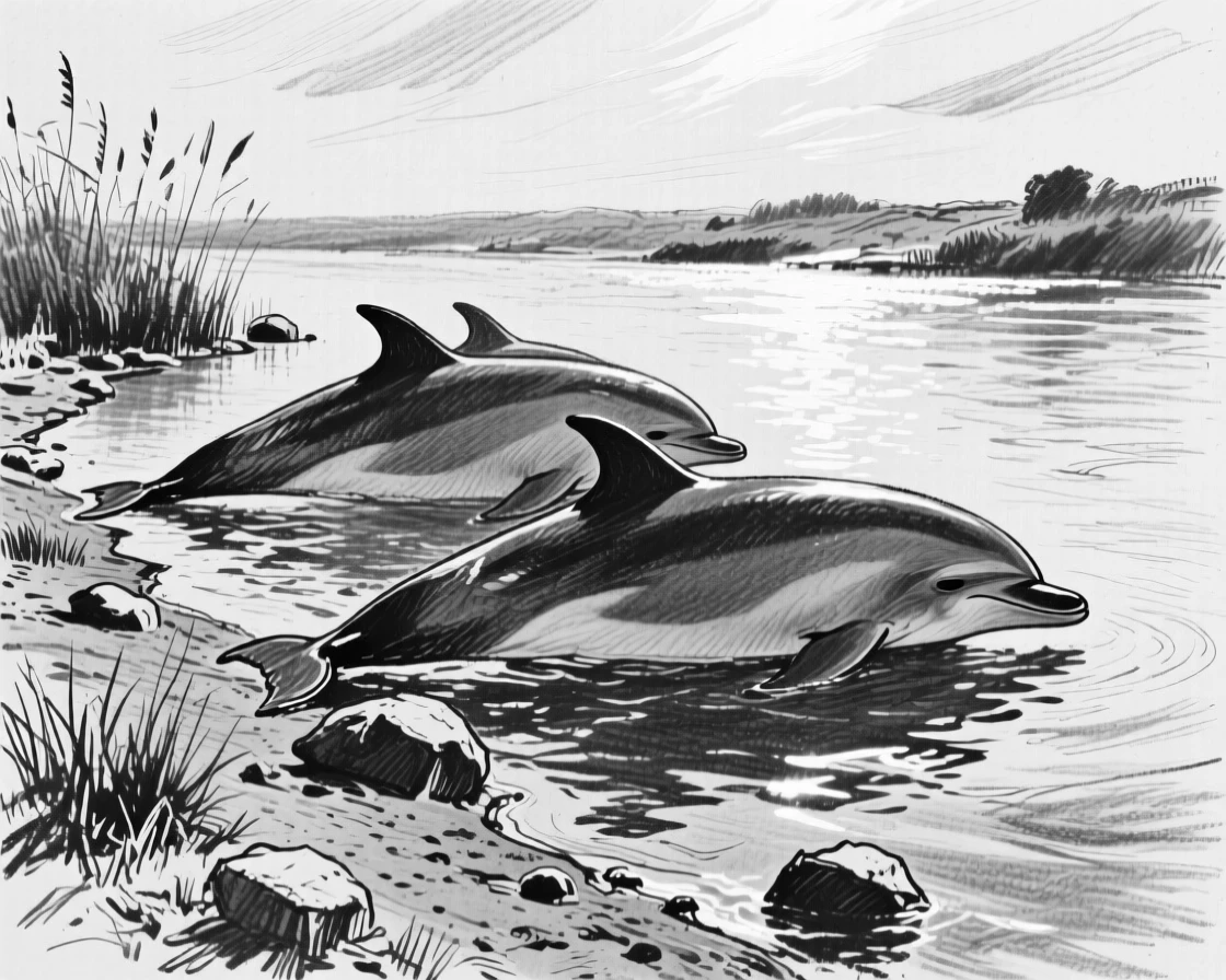 A pod of dolphins basking in the warm sun on a riverbank.