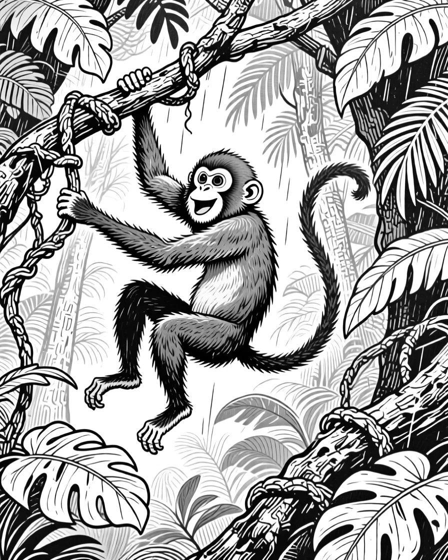 A monkey swinging playfully between vines in a dense rainforest canopy.