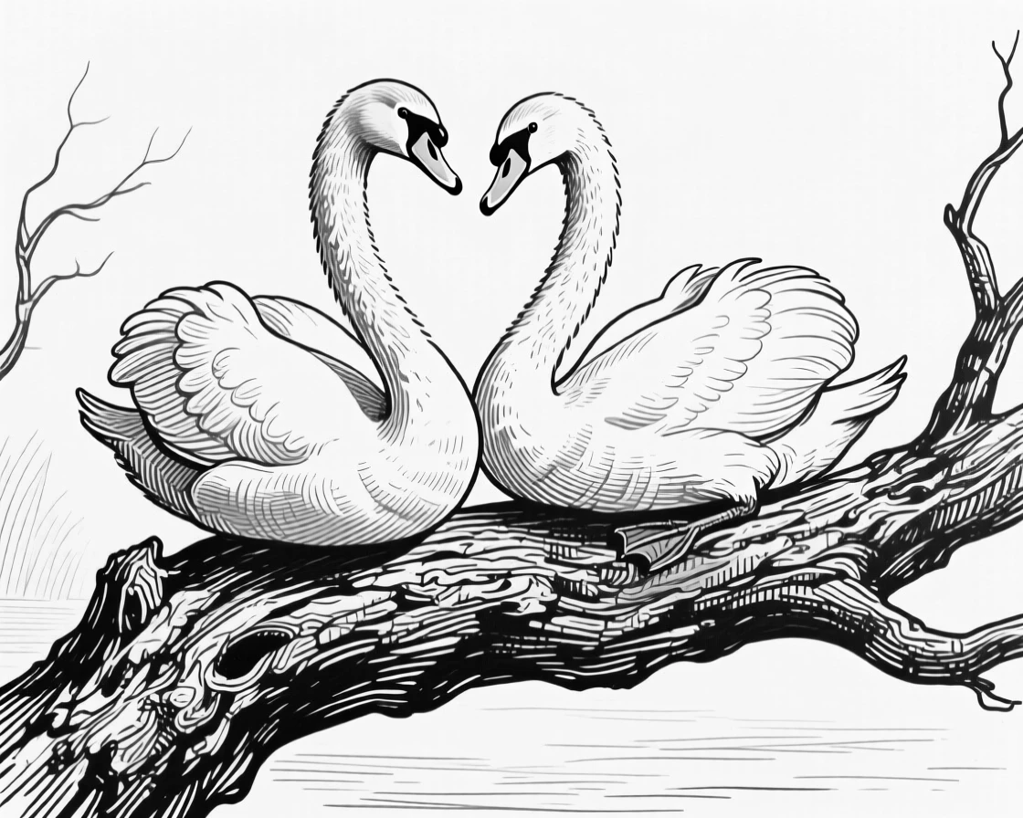 A pair of swans atop a weathered tree branch, eyes alert and watchful, capturing a playful and lighthearted moment in nature with a strong, centered focal point.