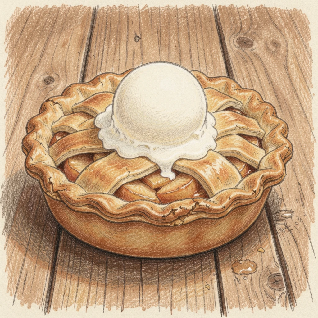 A warm apple pie fresh from the oven with a scoop of vanilla ice cream, arranged casually on a rustic wooden surface, perfect for a warm, homey, appetite-inducing scene.