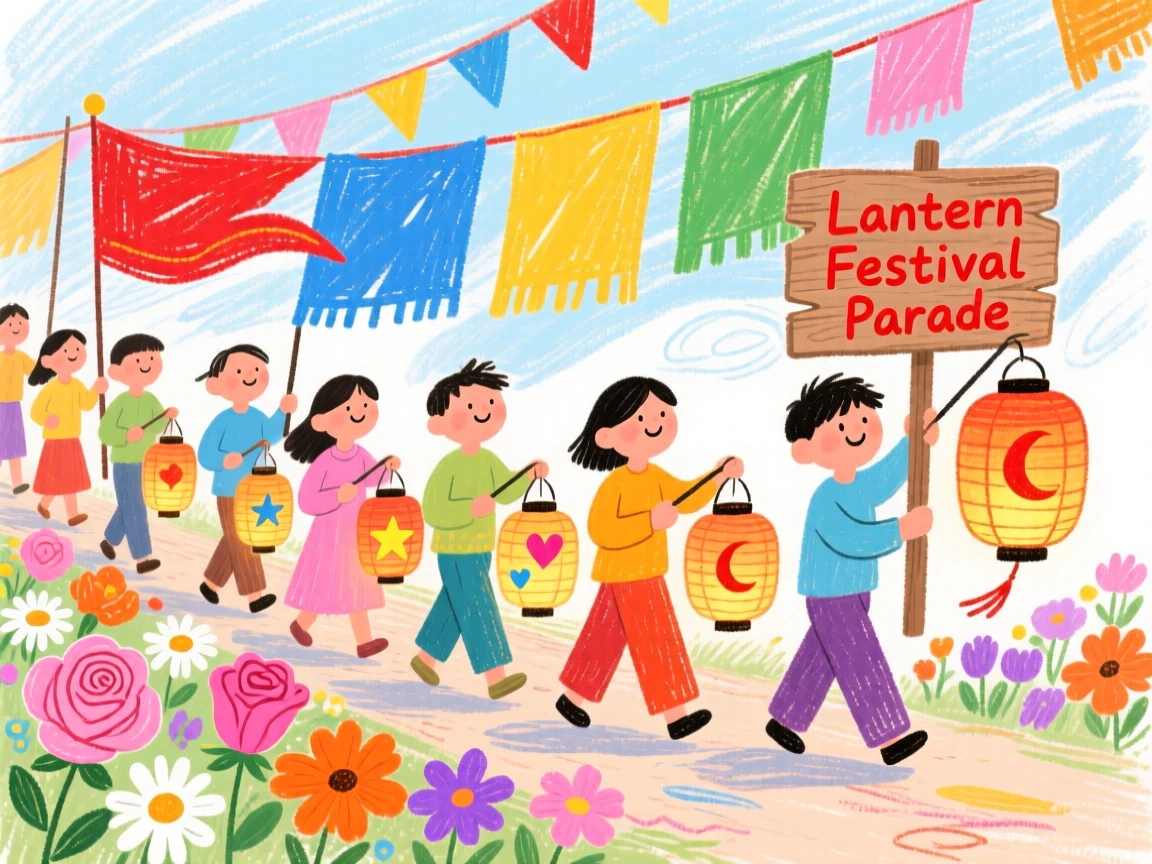 A lantern festival procession surrounded by vibrant fabric and flowers.