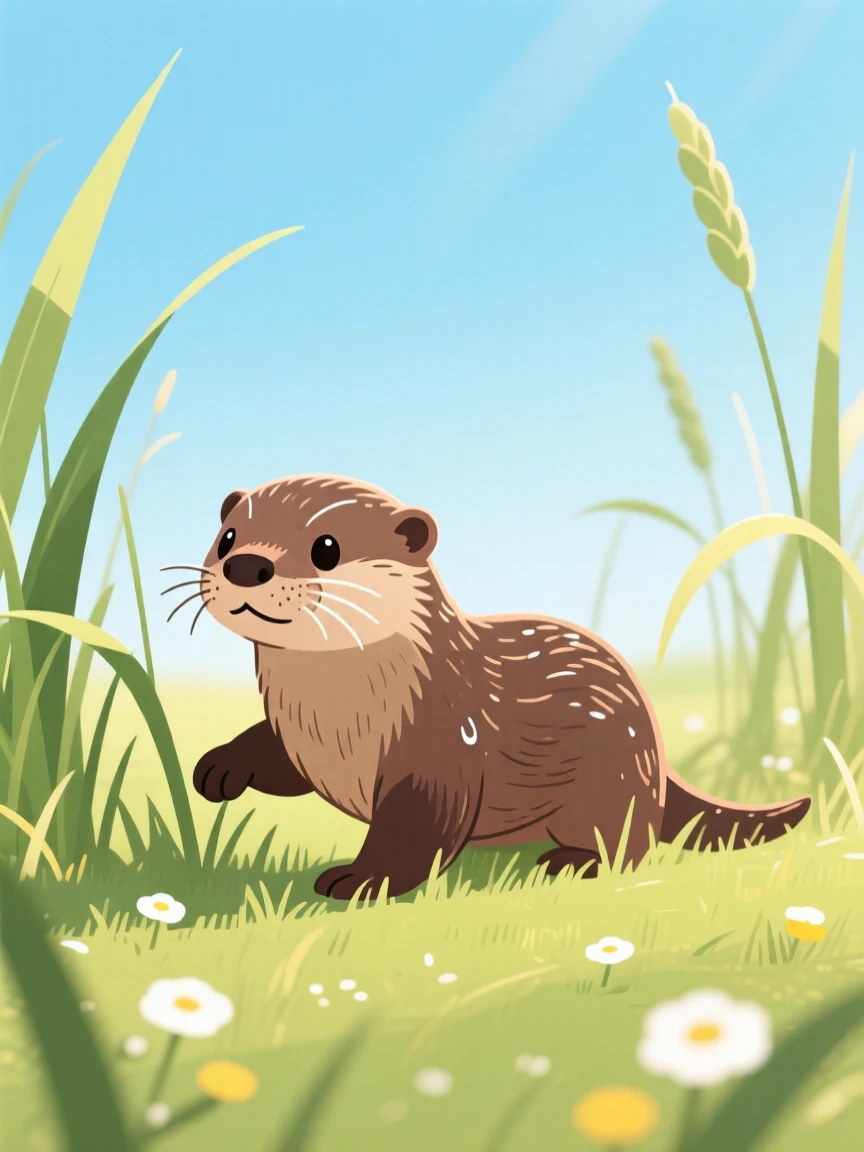 A playful otter pup exploring tall grass in a sunny meadow.